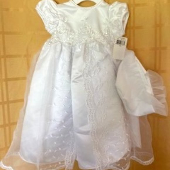 Christening Baptism Embroidered Satin Dress with hat
